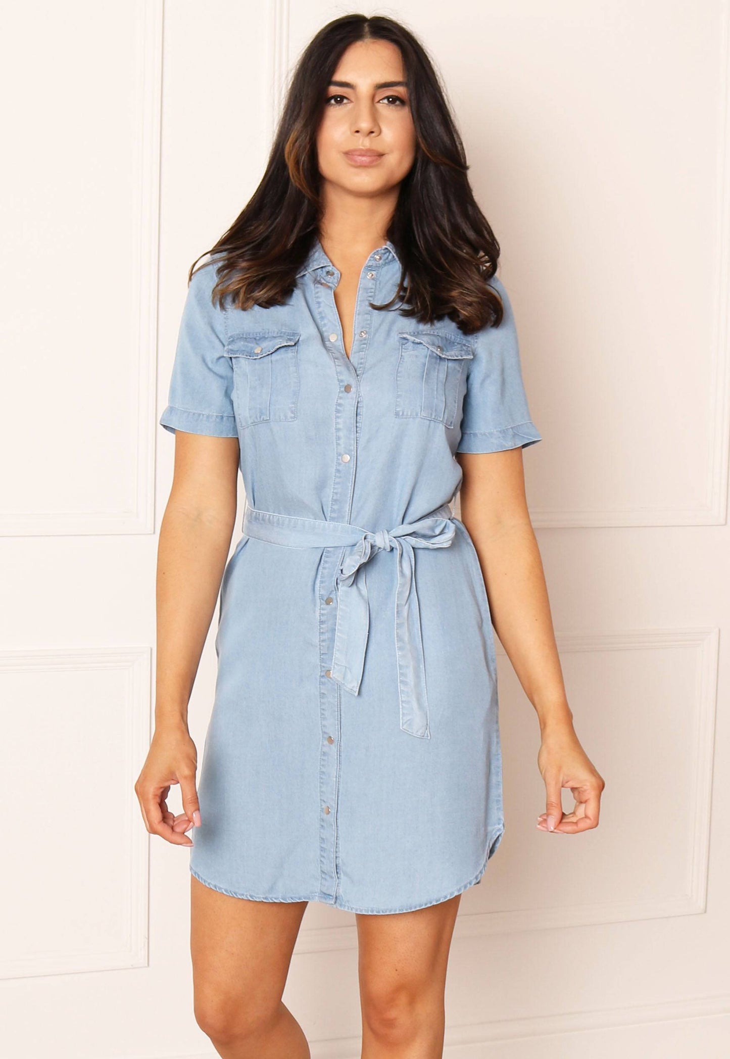 VERO MODA Tencel Denim Button Mini Shirt Dress in Blue - concretebartops