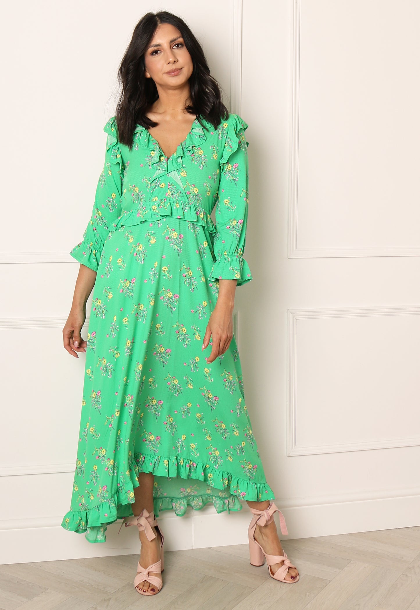 YAS Ofelia Floral Print Midaxi Dress with Frill Details in Bright Green - concretebartops