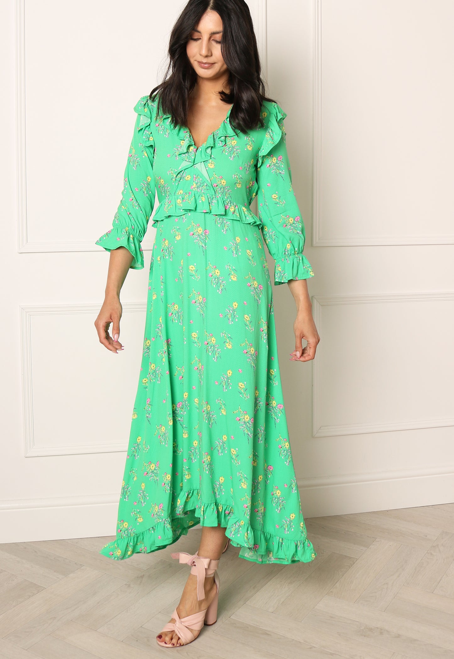 YAS Ofelia Floral Print Midaxi Dress with Frill Details in Bright Green - concretebartops