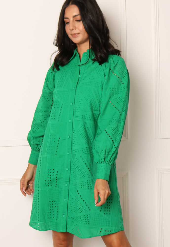 YAS Sado Long Sleeve Broderie Anglaise Shirt Dress in Bright Green - concretebartops