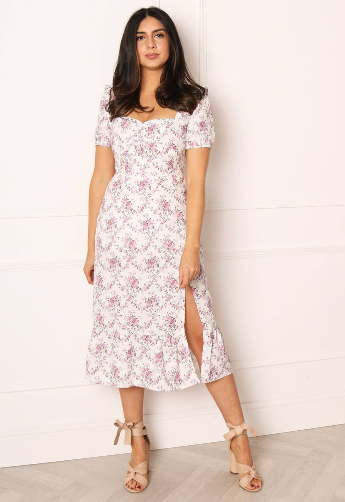 GLAMOROUS Floral Print Sweetheart Neckline Midi Tea Dress in White & Pink - concretebartops