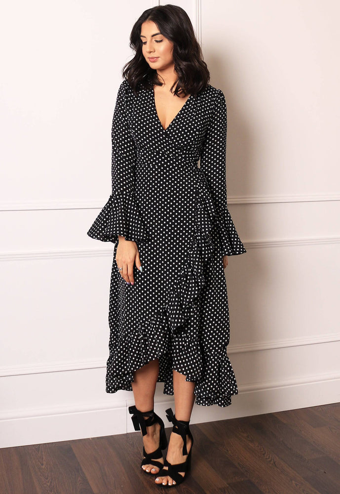 Long Sleeve Polka Dot Frill Wrap Maxi Dress in Black & White - concretebartops