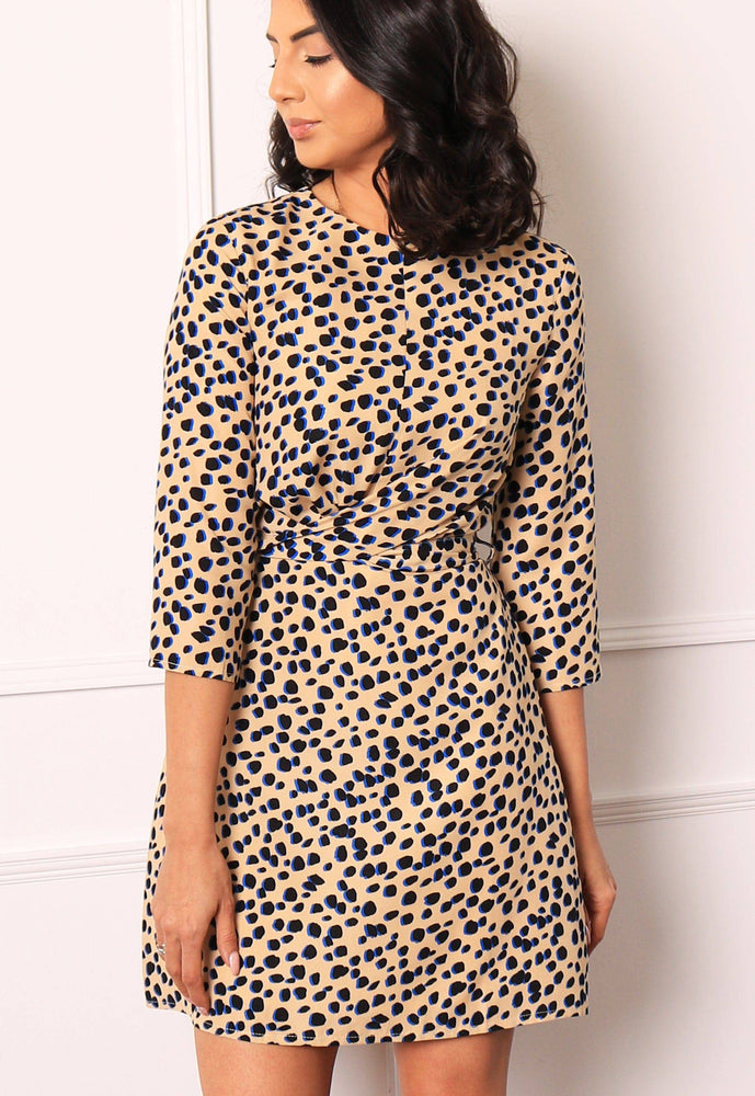 Dalmatian Spot Print Twist Belted Mini Dress with Skater Skirt in Beige, Black & Blue - concretebartops