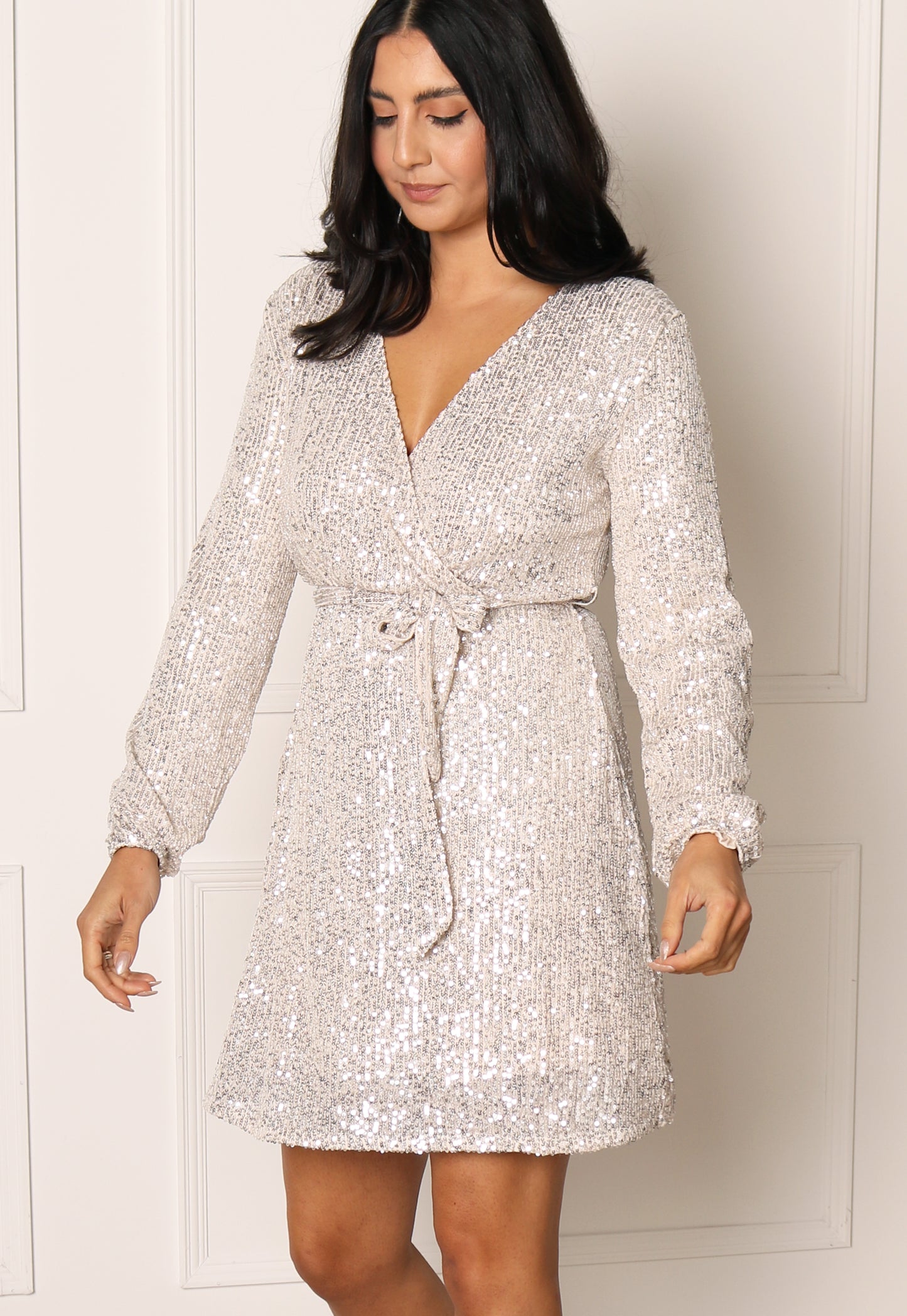 ONLY Ana Belted Wrap Over Sequin Mini Skater Dress in Silver - concretebartops