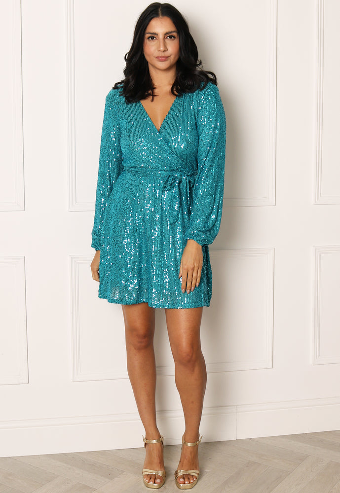 ONLY Ana Belted Wrap Over Sequin Mini Skater Dress in Turquoise - concretebartops