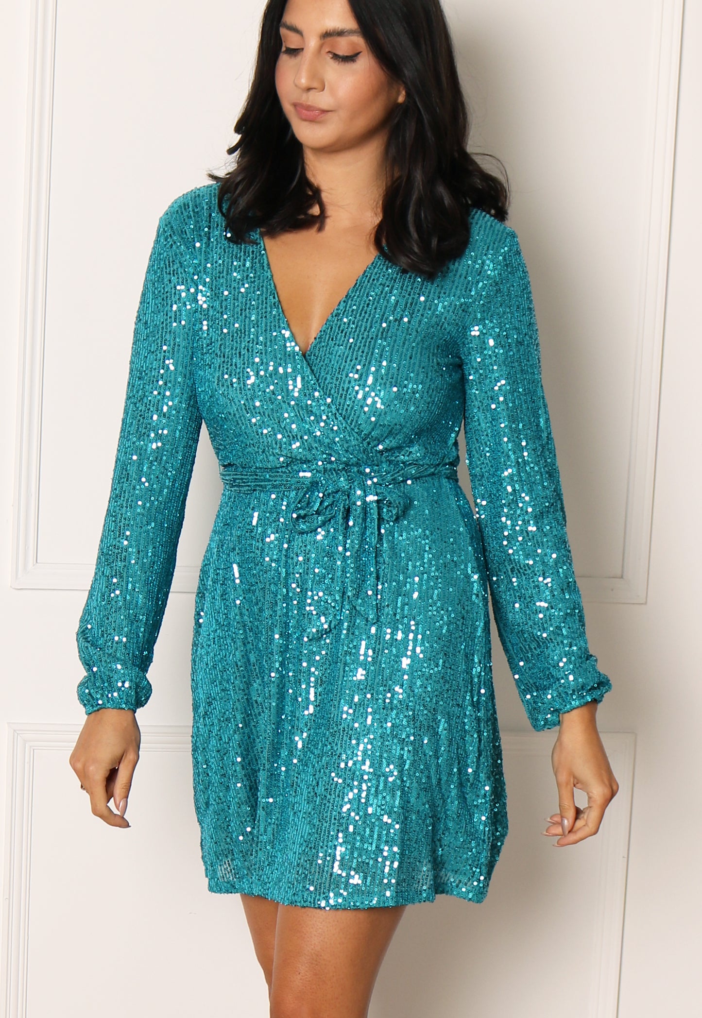 ONLY Ana Belted Wrap Over Sequin Mini Skater Dress in Turquoise - vietnamzoom