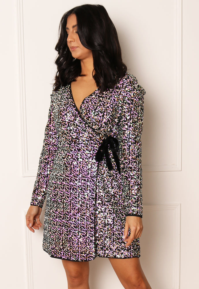 YAS Multi Sequin Mini Wrap Over Sequin & Velvet Dress in Black, Pink & White - concretebartops