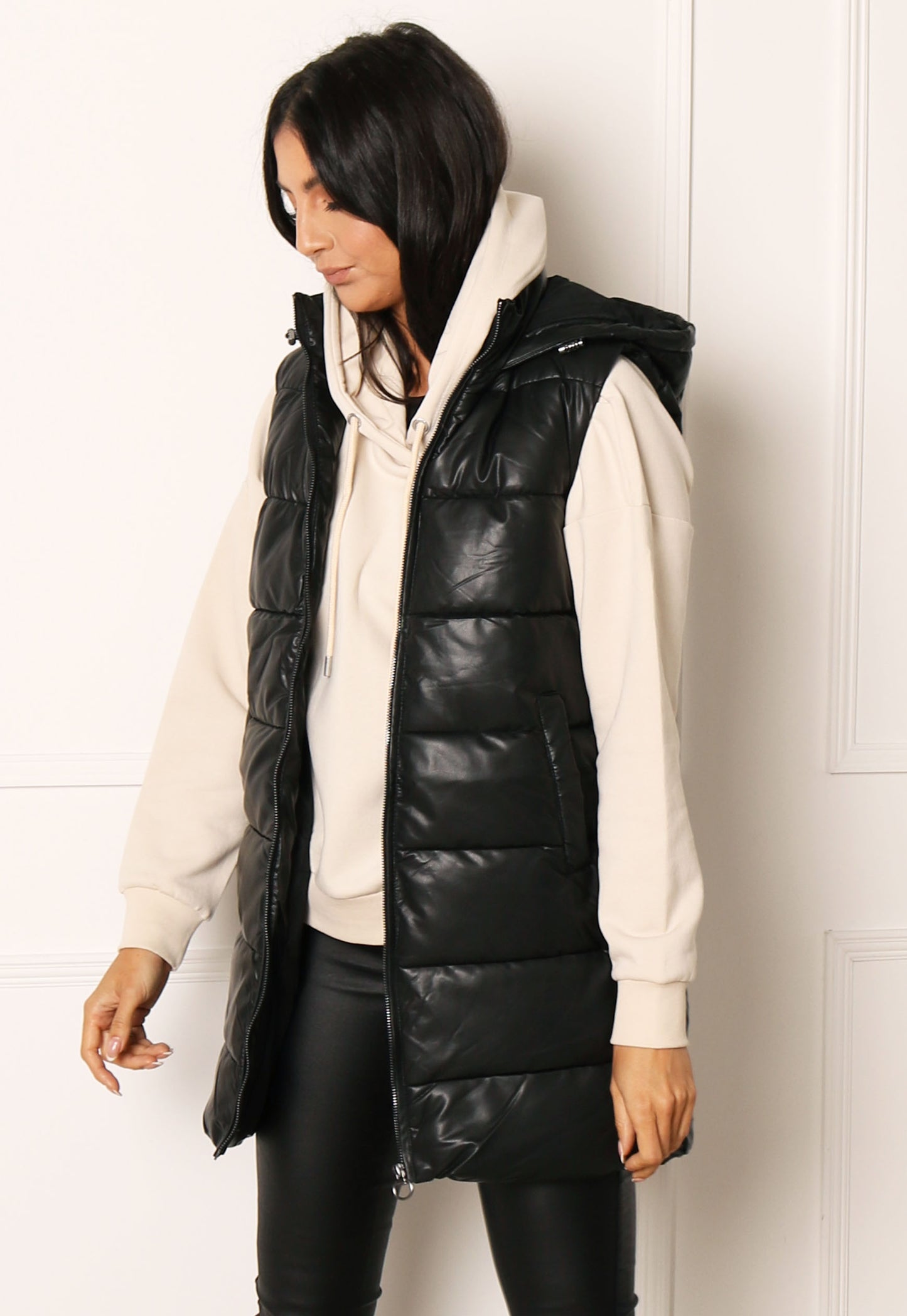 ONLY Anja Faux Leather Sleeveless Puffer Gilet with Hood in Black - vietnamzoom