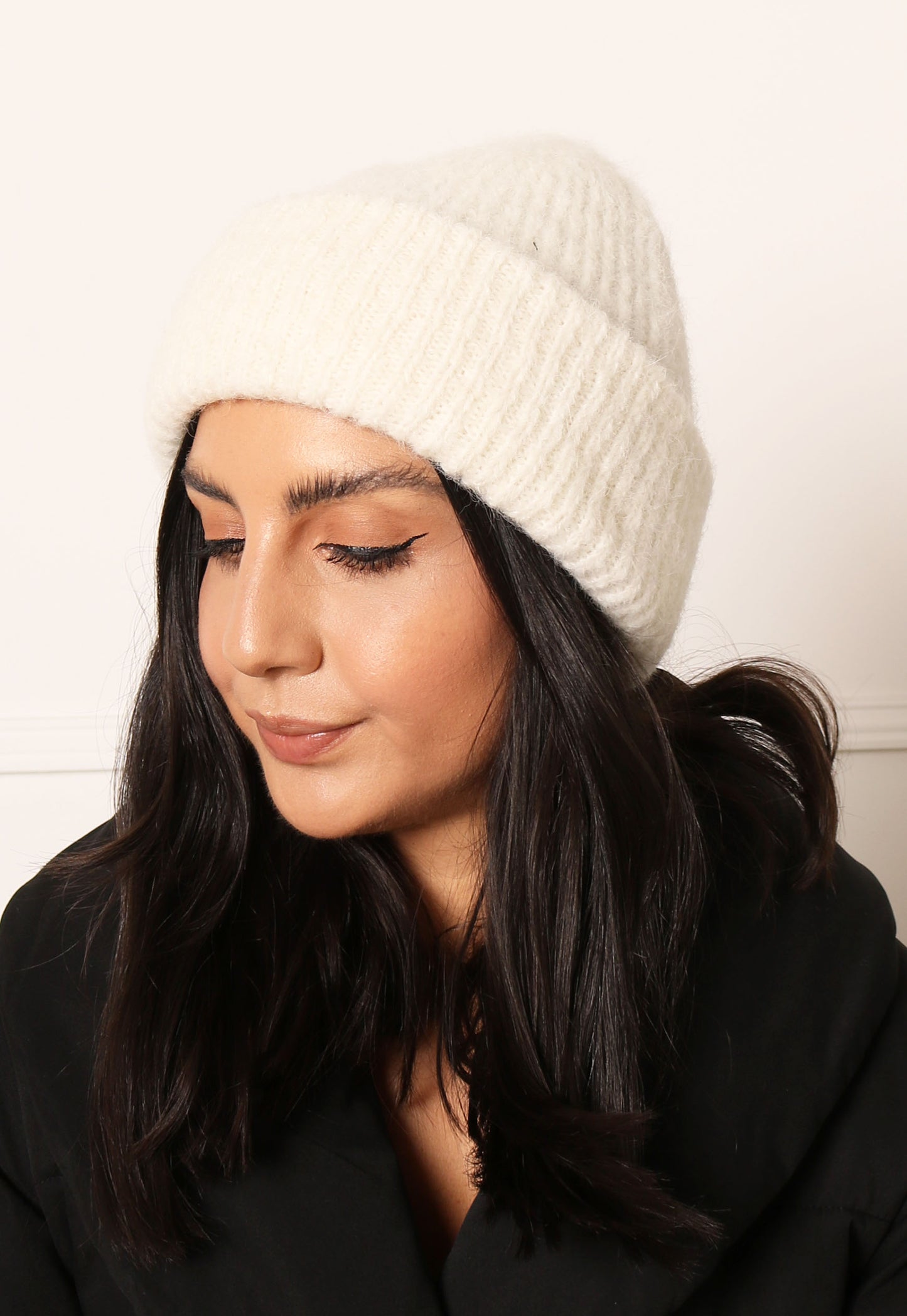 PIECES Fluffy Knit Ribbed Turn Up Beanie Hat in Soft Cream - concretebartops