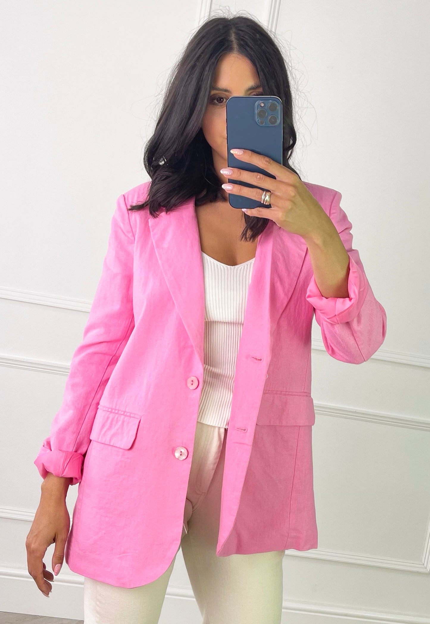 ONLY Caro Oversized Linen Blazer in Pink - concretebartops