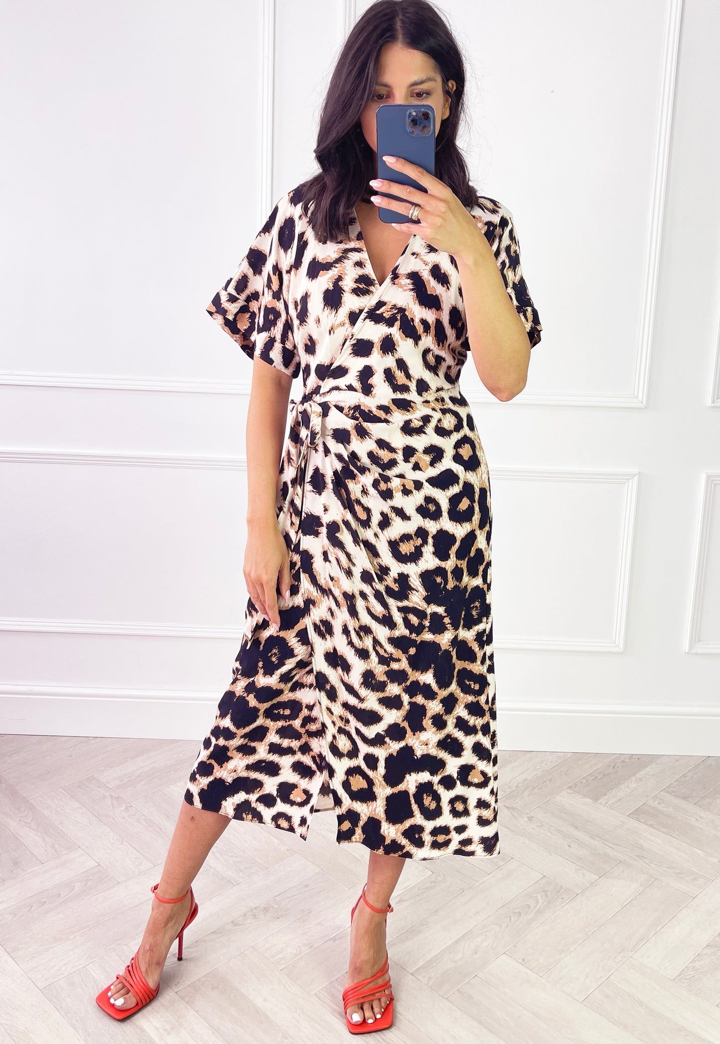 VERO MODA Ulina Leopard Print Wrap Midi Dress in Brown & Black - concretebartops