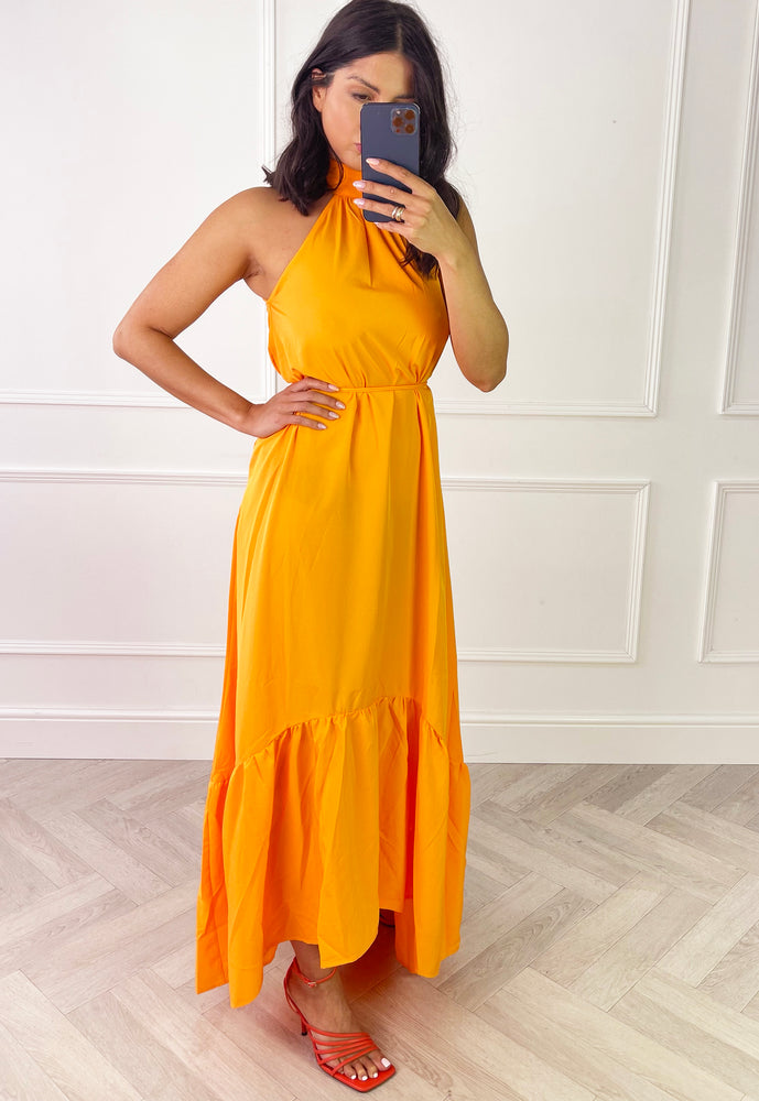 ONLY Laura High Halter Neck Floaty Maxi Dress in Orange - concretebartops