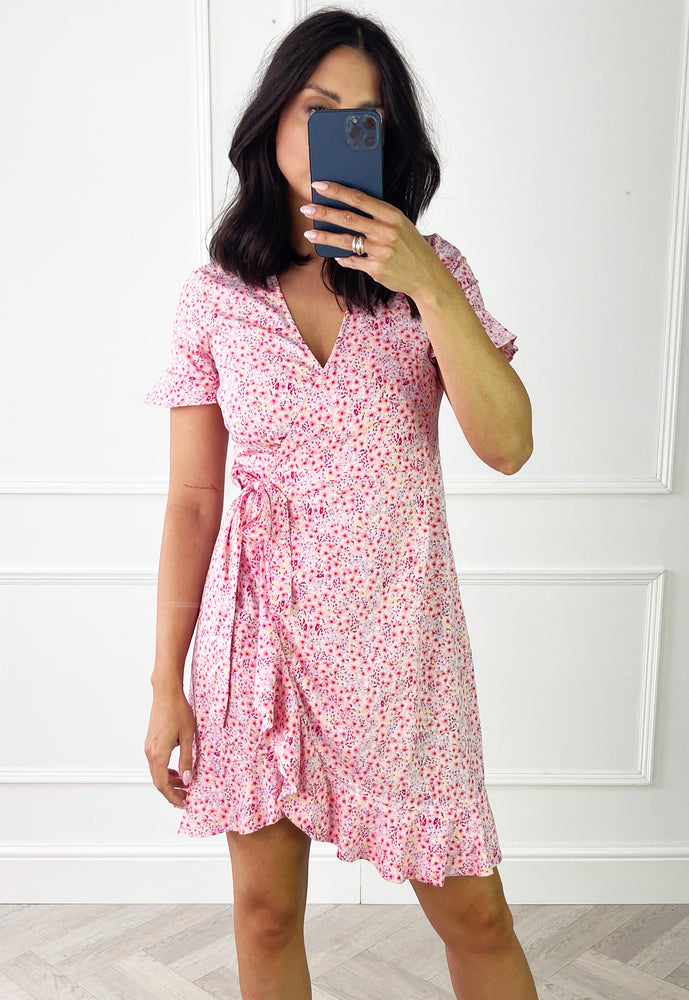 VERO MODA Henna Ditsy Floral Print Mini Frill Wrap Dress in Pink - vietnamzoom
