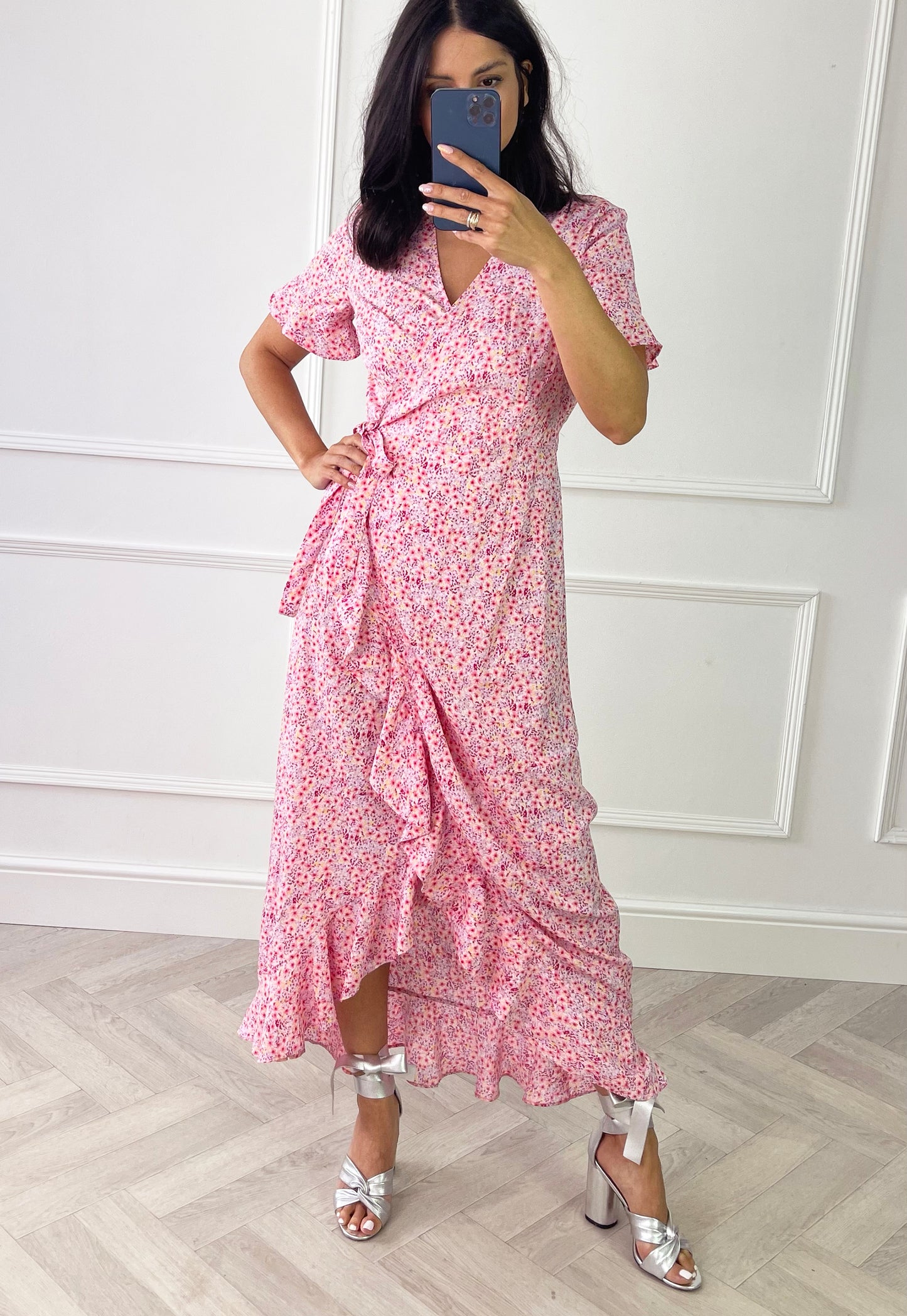 VERO MODA Henna Ditsy Floral Print Maxi Frill Wrap Dress in Pink - concretebartops