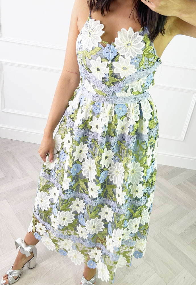 YAS Sun Strappy Floral Lace Appliqué Midi Dress in Blue, White & Green - concretebartops