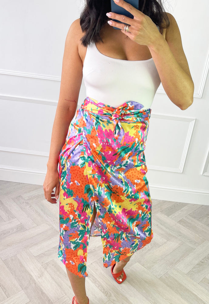 Printed Satin Wrap Midi Skirt in Bright Multi Floral - concretebartops