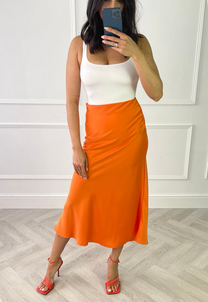 VILA Michu Bias Cut Satin Midi Slip Skirt in Bright Orange - concretebartops