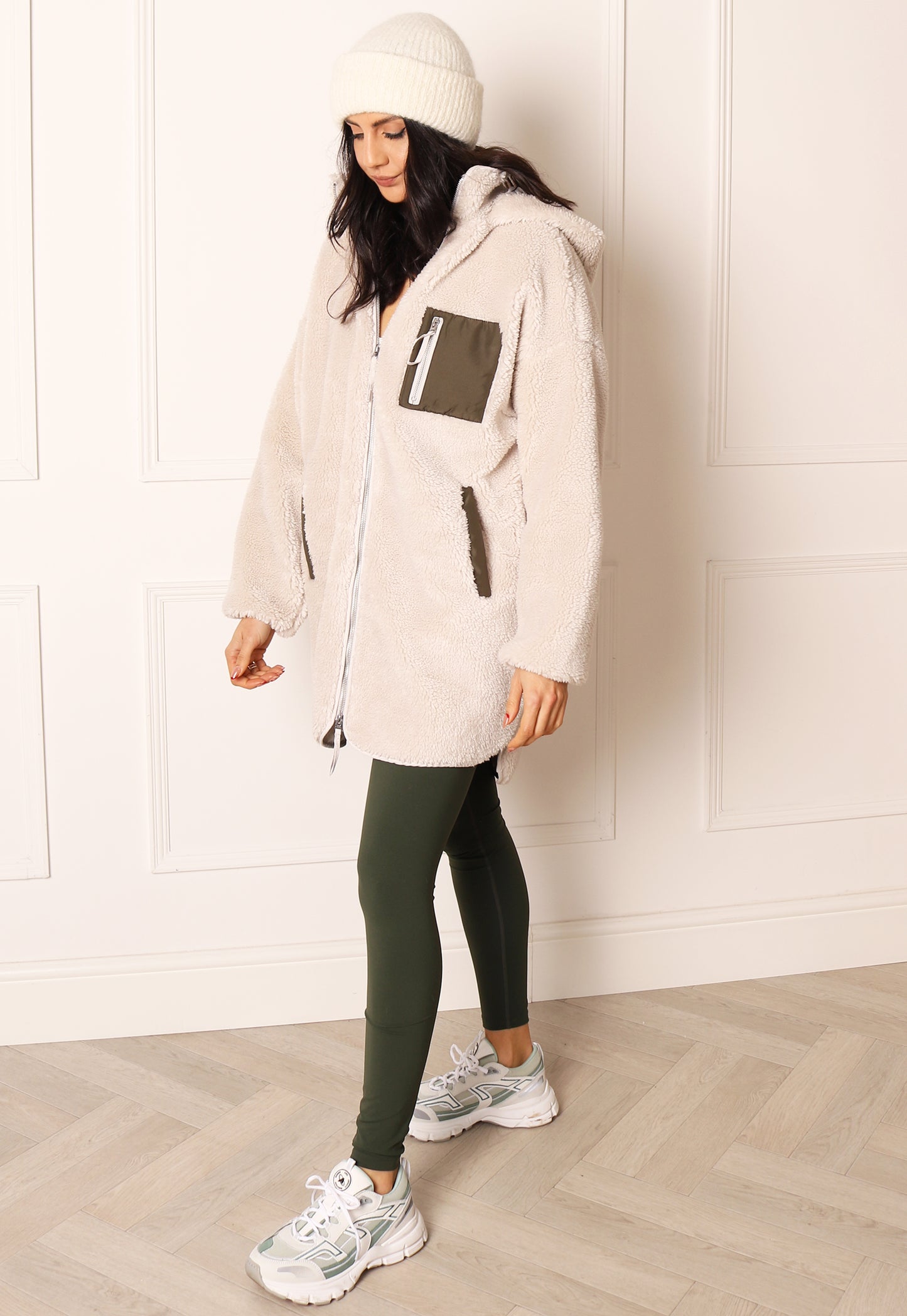 ONLY Sascha Teddy Fleece Jacket in Cream & Khaki - concretebartops