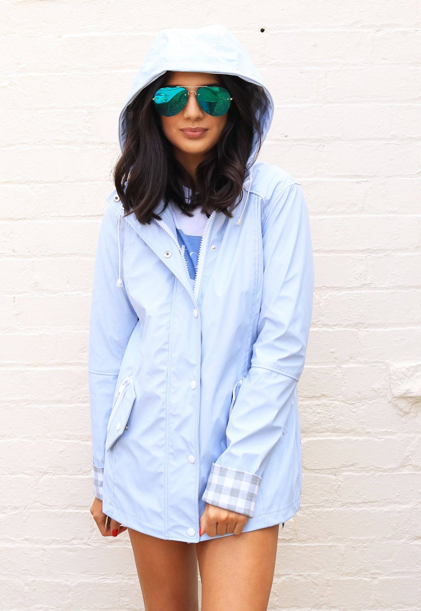 Kimmy Matte Rubberised Hooded Raincoat Mac in Baby Blue - concretebartops