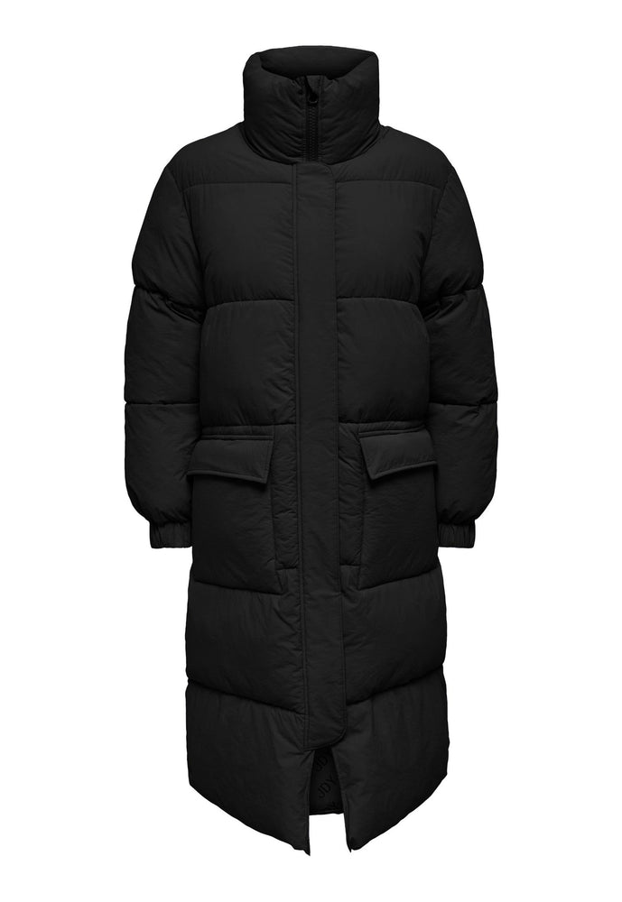 JDY Lenora Oversized Longline Puffer Coat with Pockets in Black - concretebartops