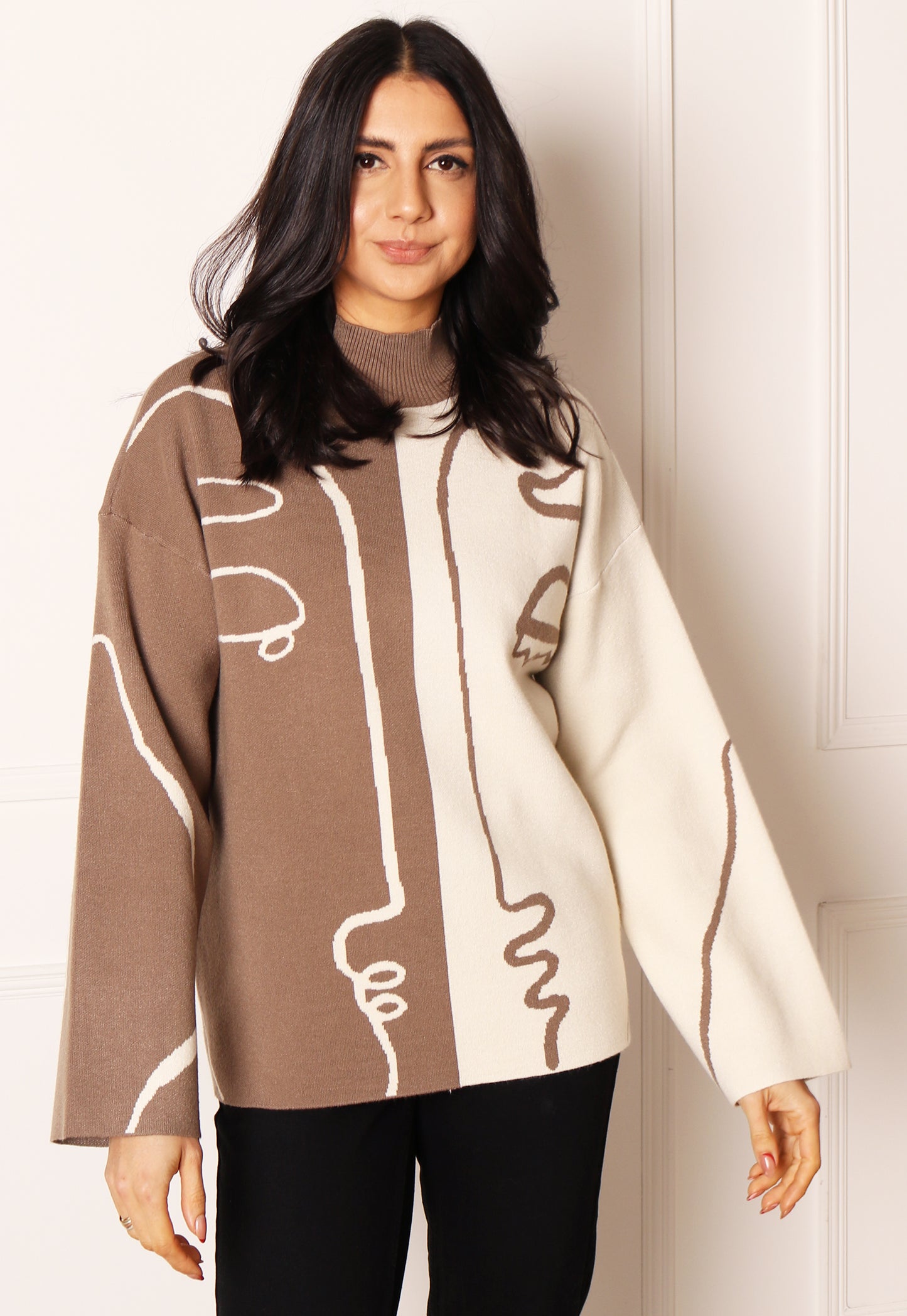 VILA Mee Abstract Faces Two Tone Jumper with Turtle Neck in Cream & Mocha - concretebartops