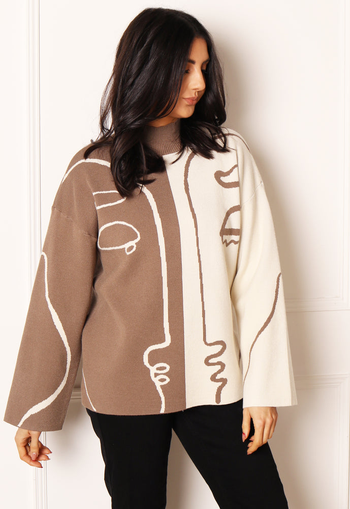VILA Mee Abstract Faces Two Tone Jumper with Turtle Neck in Cream & Mocha - concretebartops