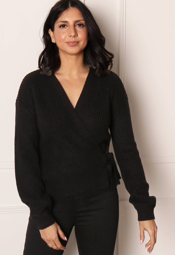 VERO MODA Lea Chunky Knit Wrap Over Cardigan in Black - concretebartops