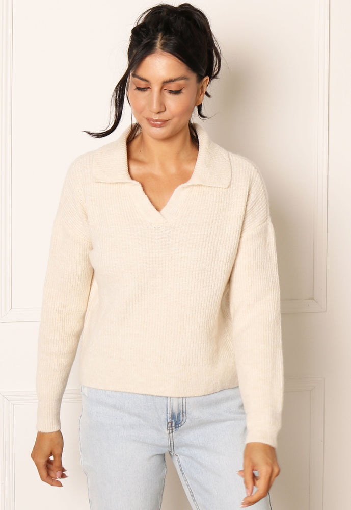 VERO MODA Olina Polo Collar Rib Knit Jumper in Cream - concretebartops