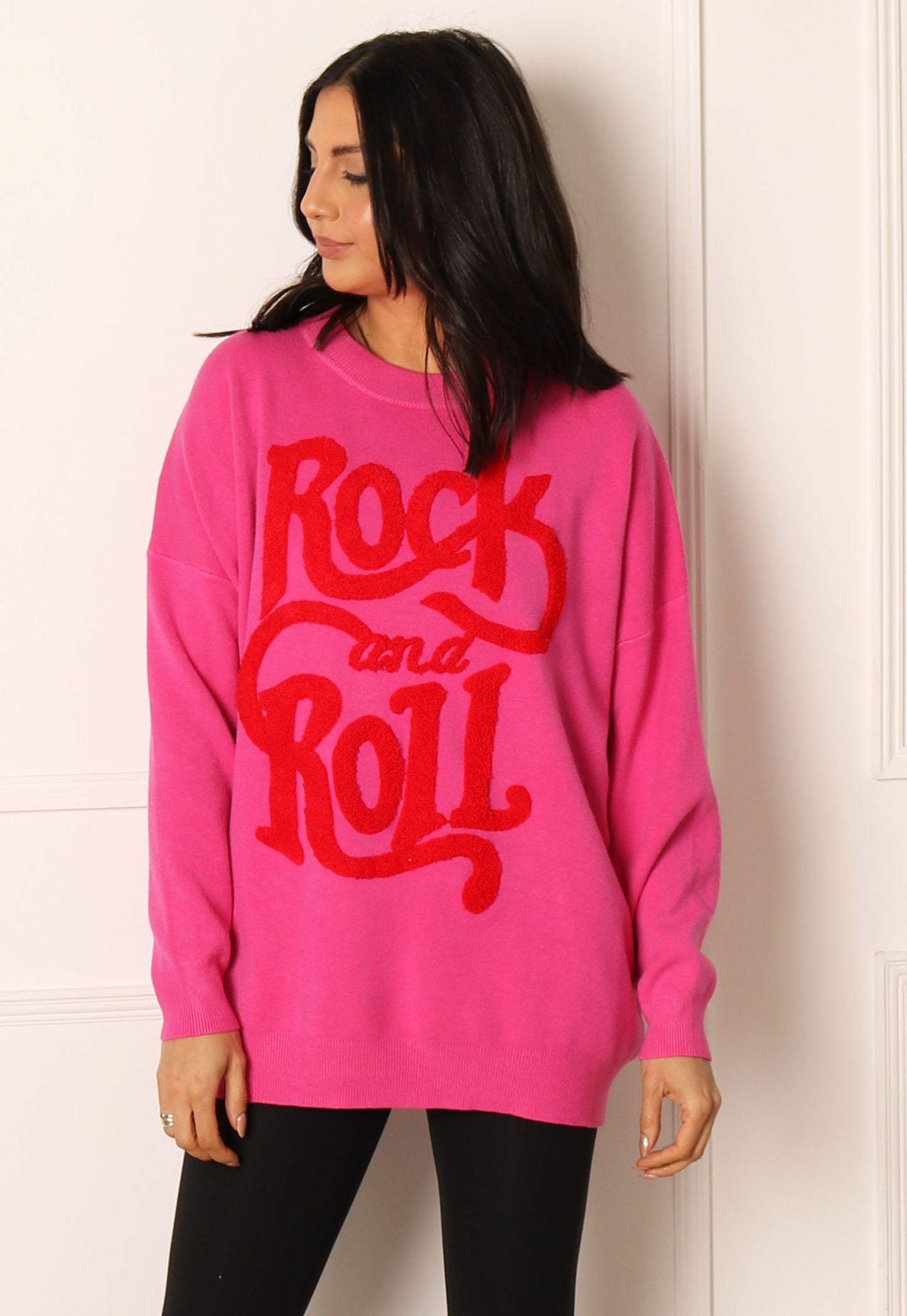 Wavy Rock and Roll Slogan Oversized Soft Knit Jumper in Pink & Red - concretebartops