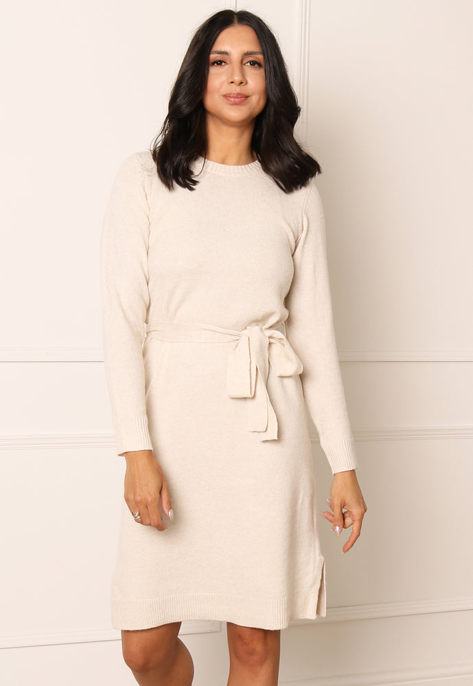 PIECES Cava Long Sleeve Belted Midi Jumper Dress in Cream - concretebartops