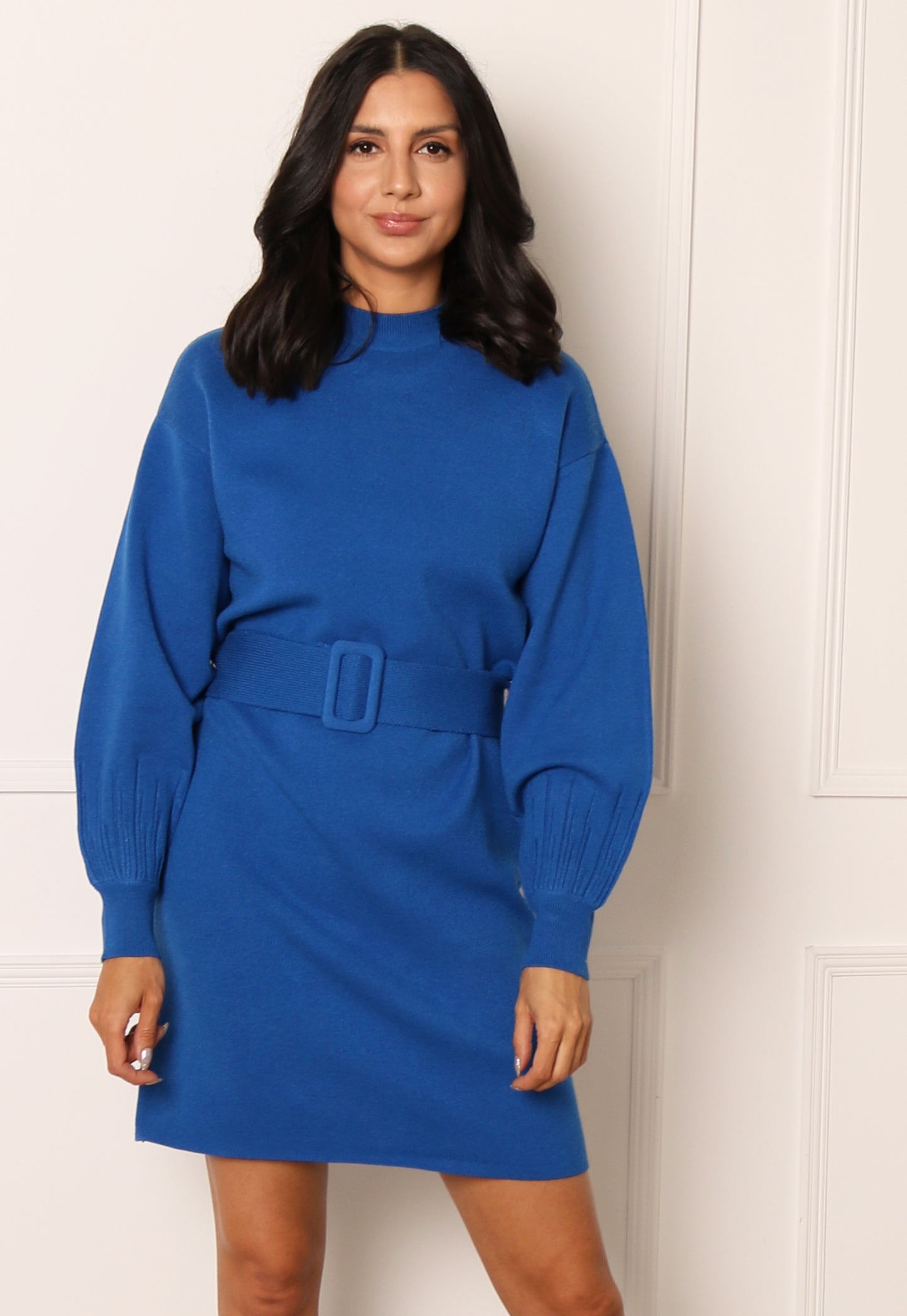 YAS Henry Soft Knit Belted Jumper Dress in Cobalt Blue - concretebartops