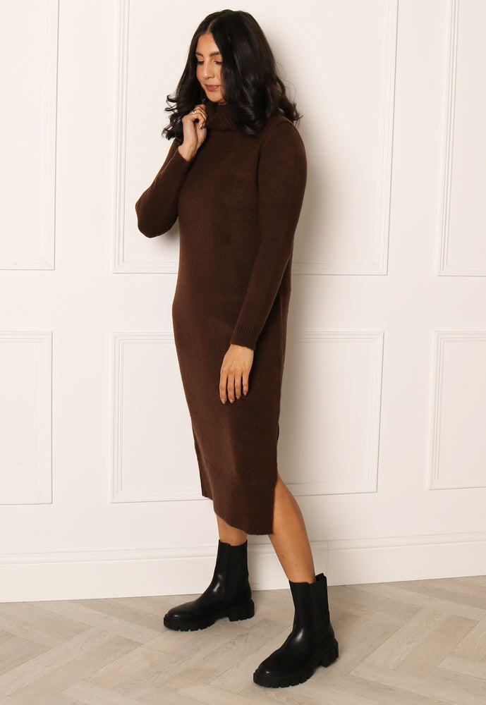 ONLY Brandie Long Sleeve Cowl Neck Midi Jumper Dress in Chocolate Brown - concretebartops