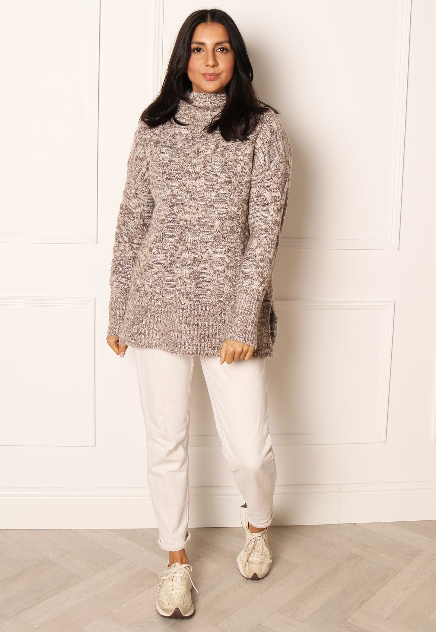 ONLY Sage Longline Cable Knit Jumper with High Neck in Mocha & Cream Melange - concretebartops