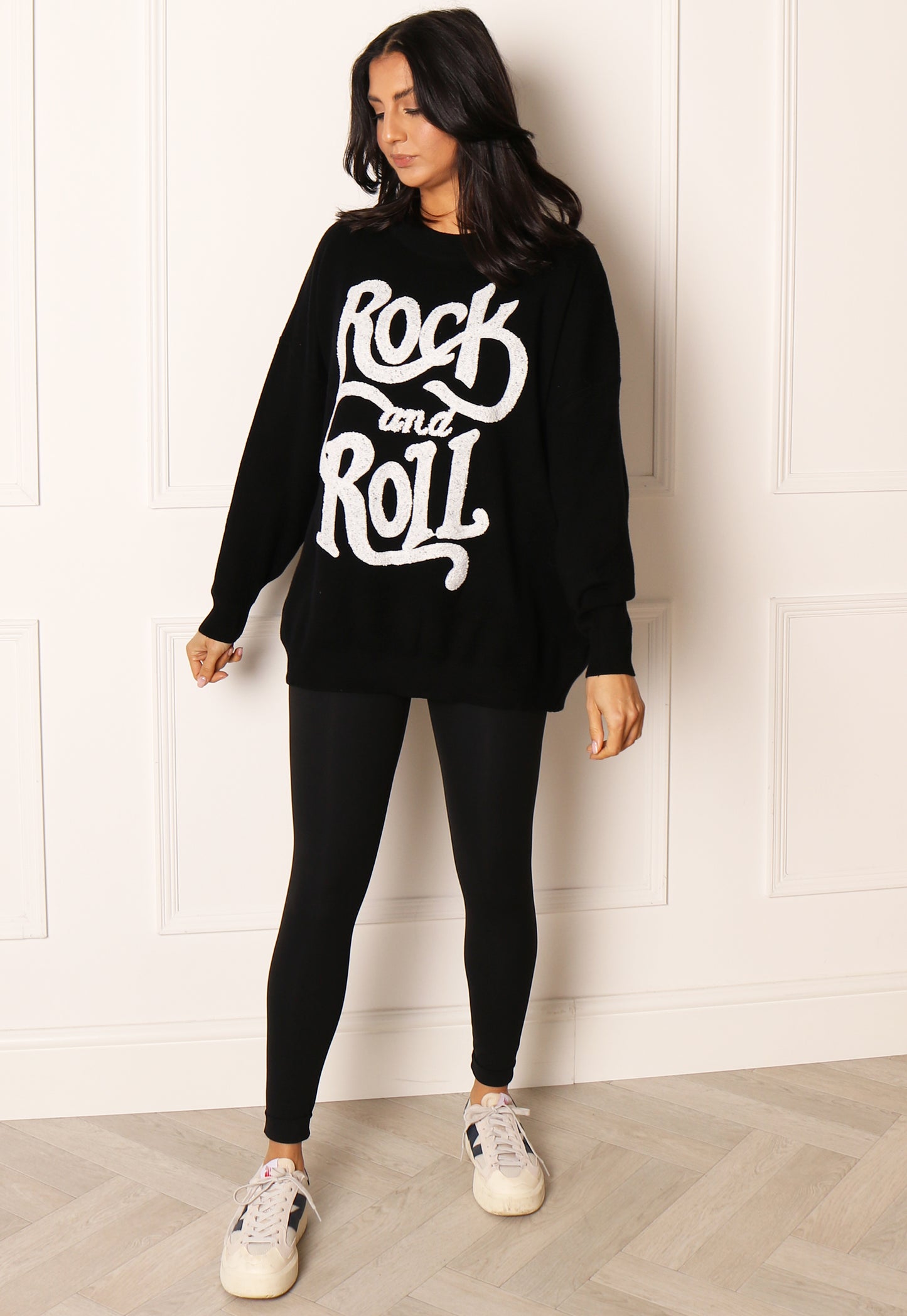 Wavy Rock and Roll Slogan Oversized Soft Knit Jumper in Black & White - concretebartops