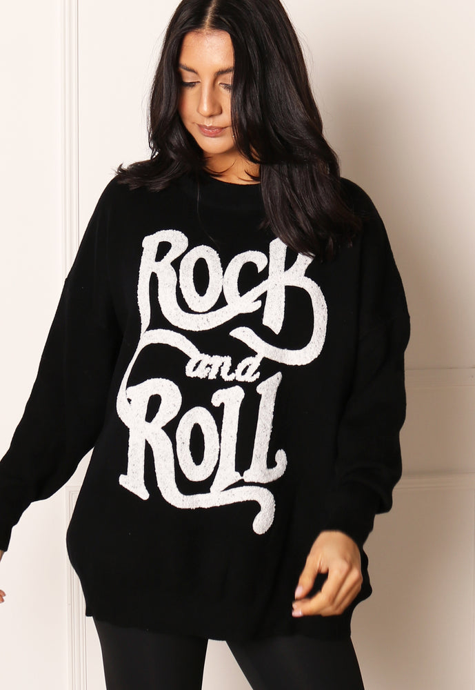 Wavy Rock and Roll Slogan Oversized Soft Knit Jumper in Black & White - concretebartops