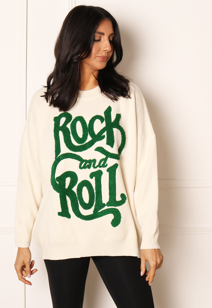 Wavy Rock and Roll Slogan Oversized Soft Knit Jumper in Cream & Green - concretebartops