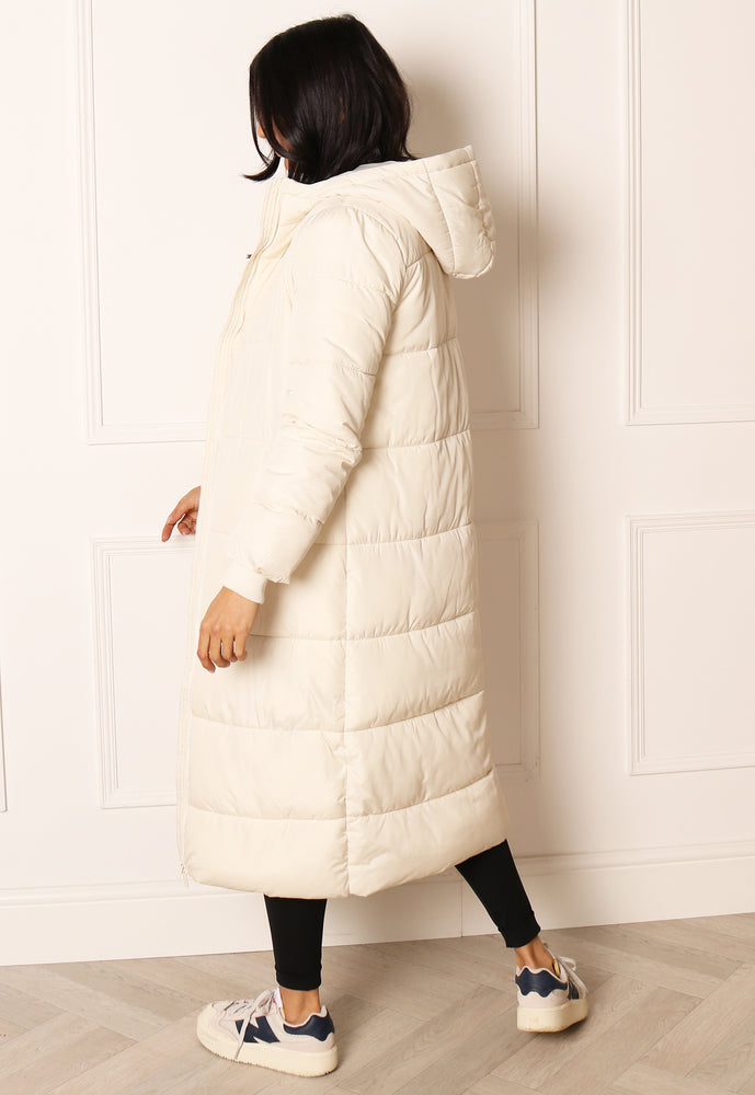 PIECES Bee Midi Longline Hooded Padded Puffer Coat in Cream - concretebartops