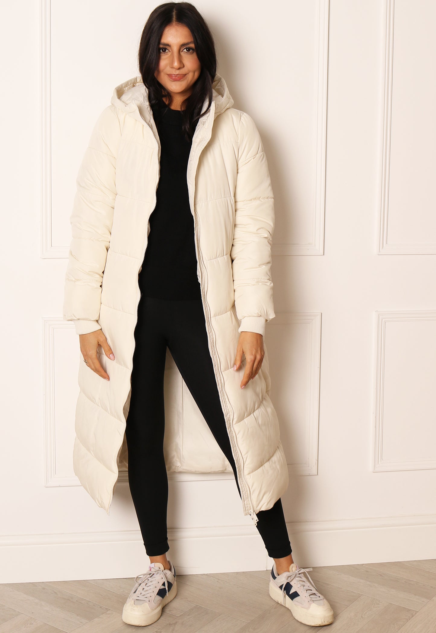 PIECES Bee Midi Longline Hooded Padded Puffer Coat in Cream - concretebartops