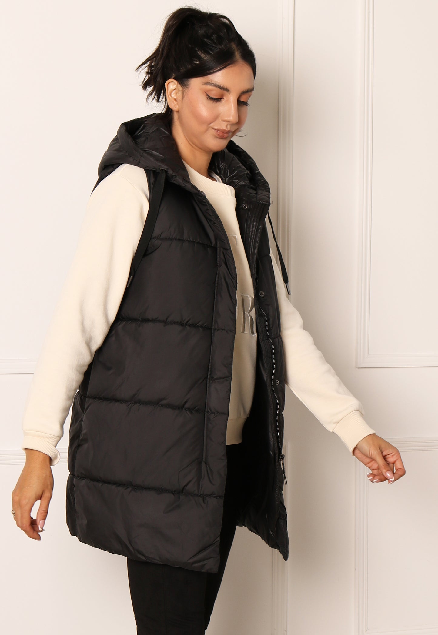 ONLY Asta Longline Sleeveless Puffer Gilet with Hood in Black - concretebartops