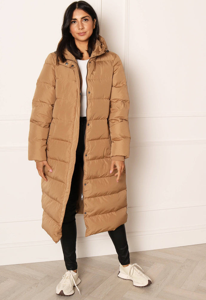 VILA Camisa Maxi Longline Down Puffer Coat with Hood in Beige - concretebartops