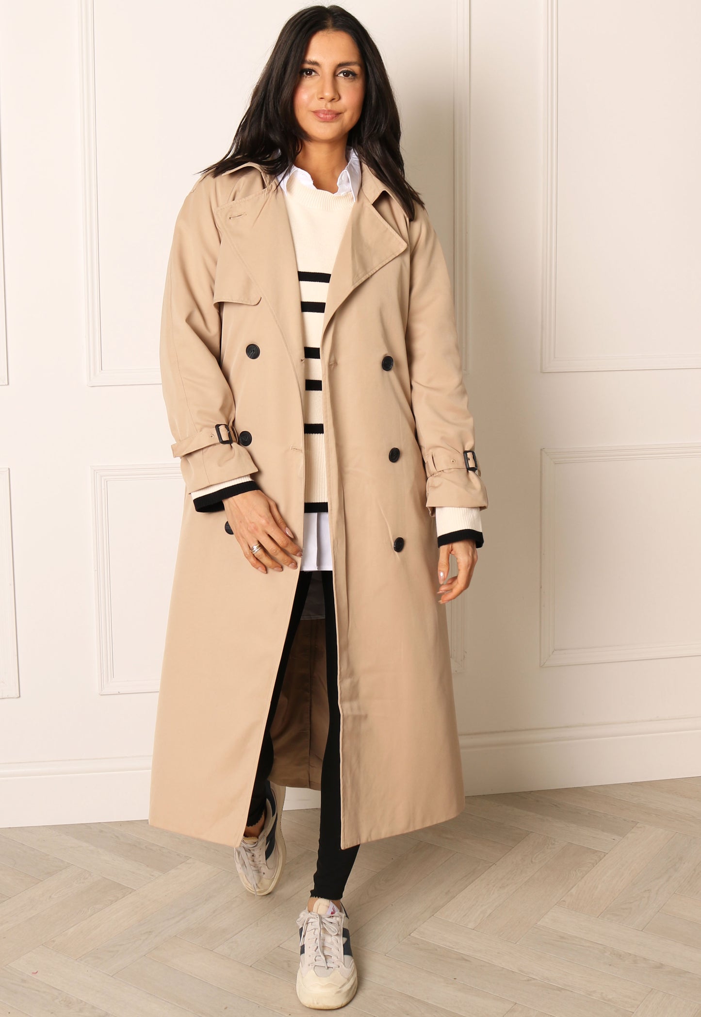 ONLY Chloe Double Breasted Longline Trench Coat in Beige - concretebartops