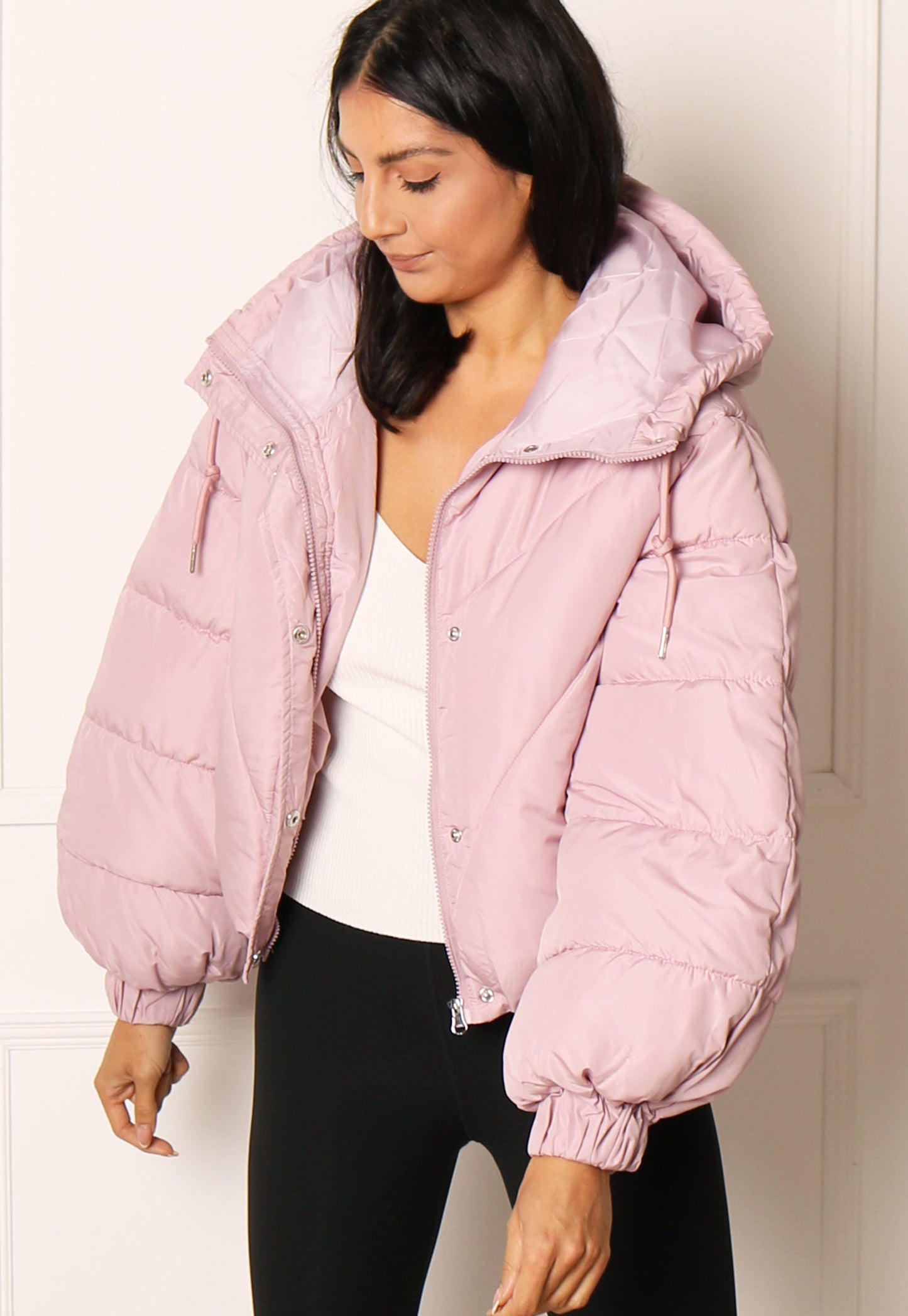 JDY Destiny Cropped Bomber Padded Puffer Jacket with Hood in Light Pink - concretebartops