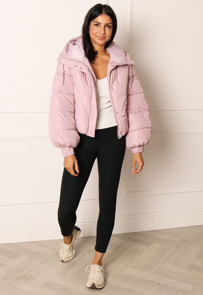 JDY Destiny Cropped Bomber Padded Puffer Jacket with Hood in Light Pink - concretebartops