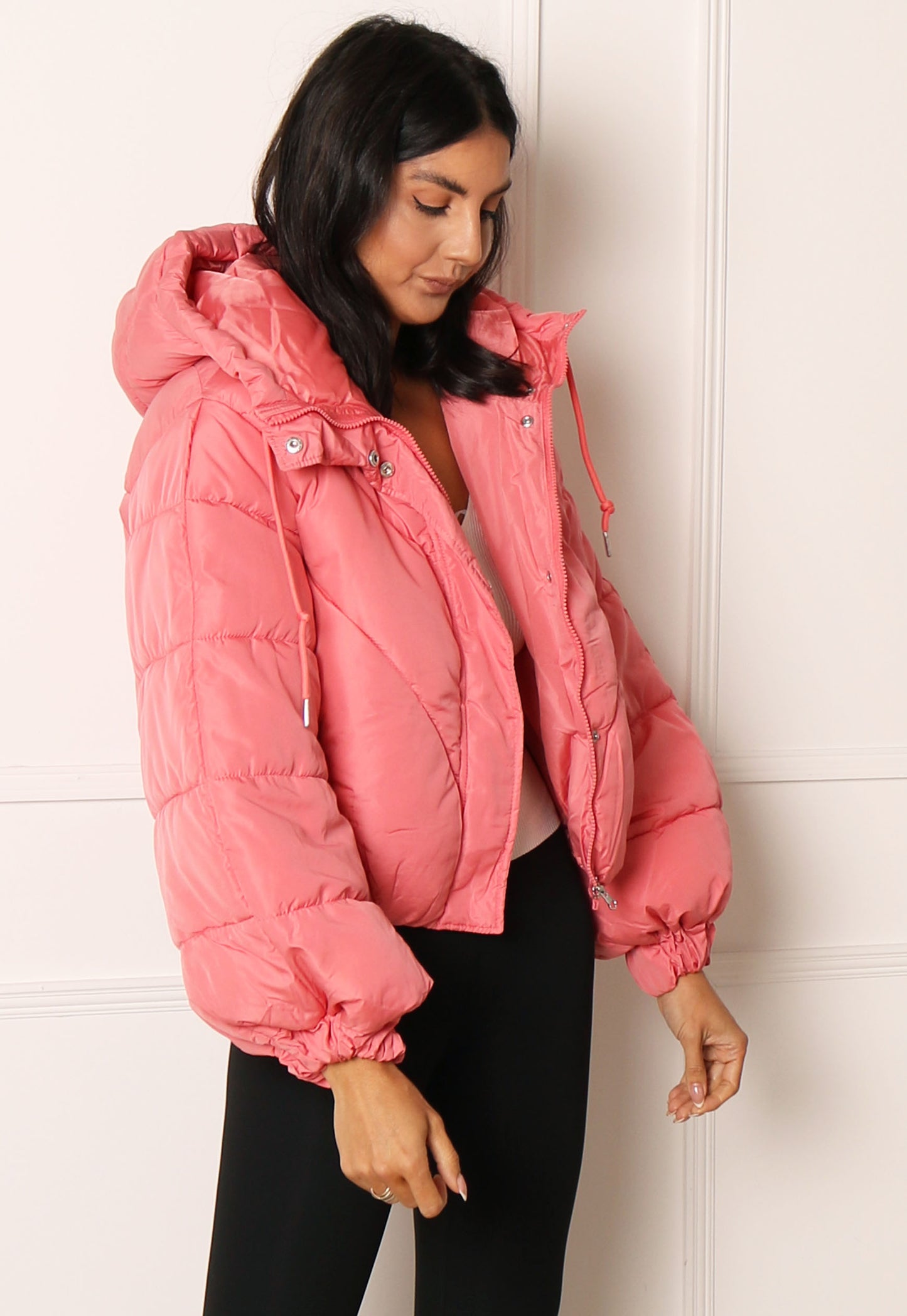 JDY Destiny Cropped Bomber Padded Puffer Jacket with Hood in Rose Pink - concretebartops