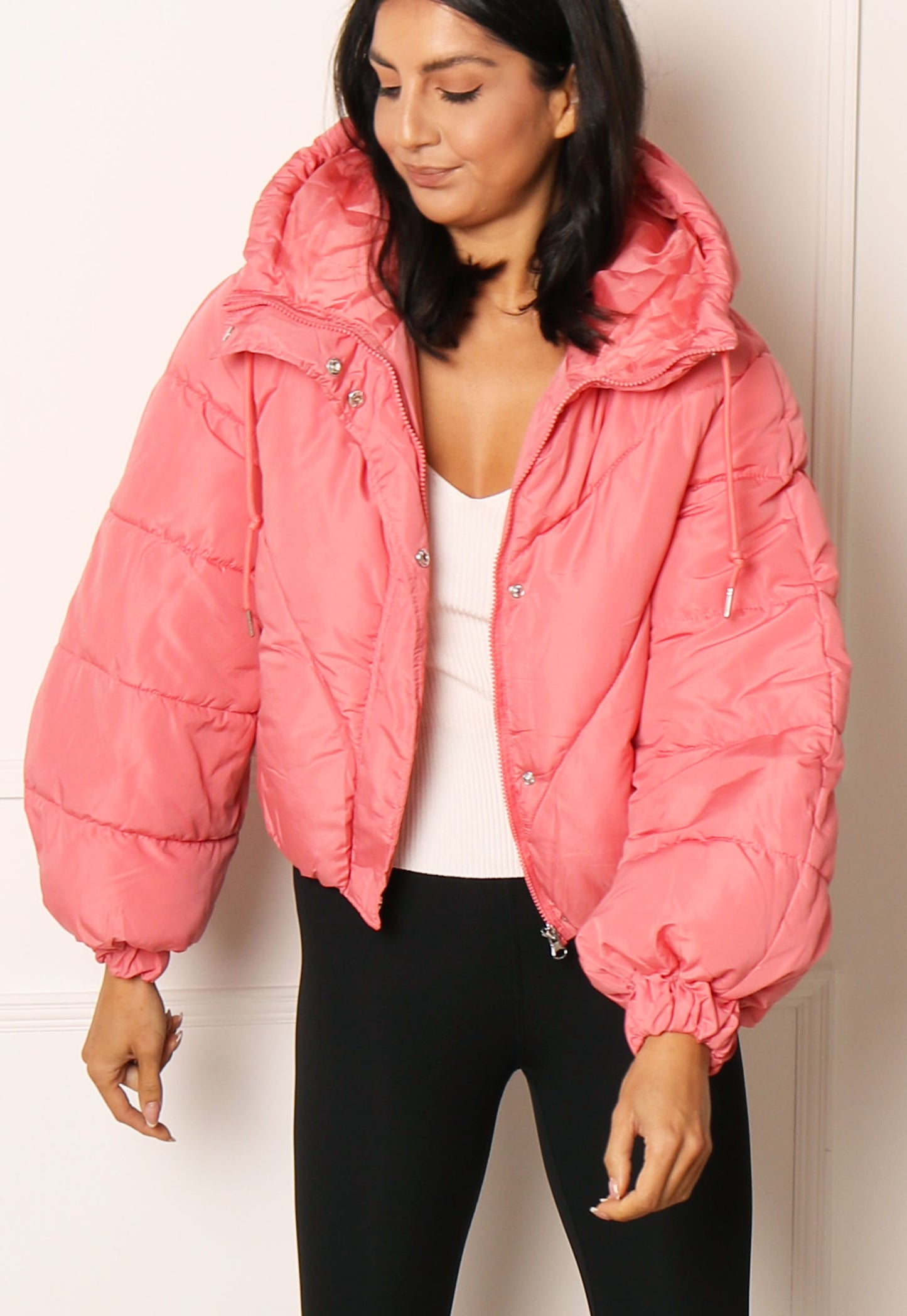 JDY Destiny Cropped Bomber Padded Puffer Jacket with Hood in Rose Pink - concretebartops