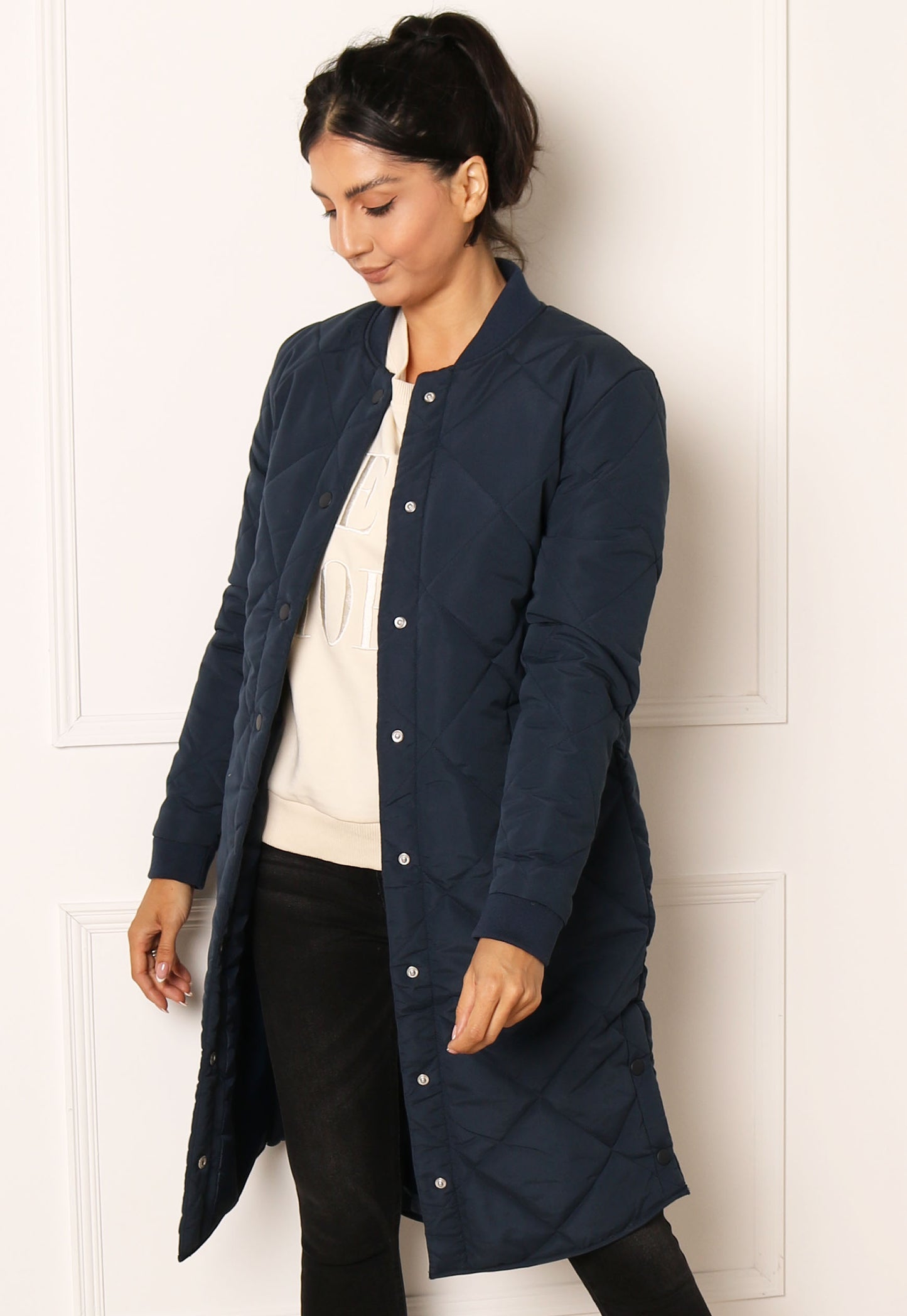 JDY Diana Diamond Quilted Padded Longline Midi Jacket in Navy Blue - concretebartops