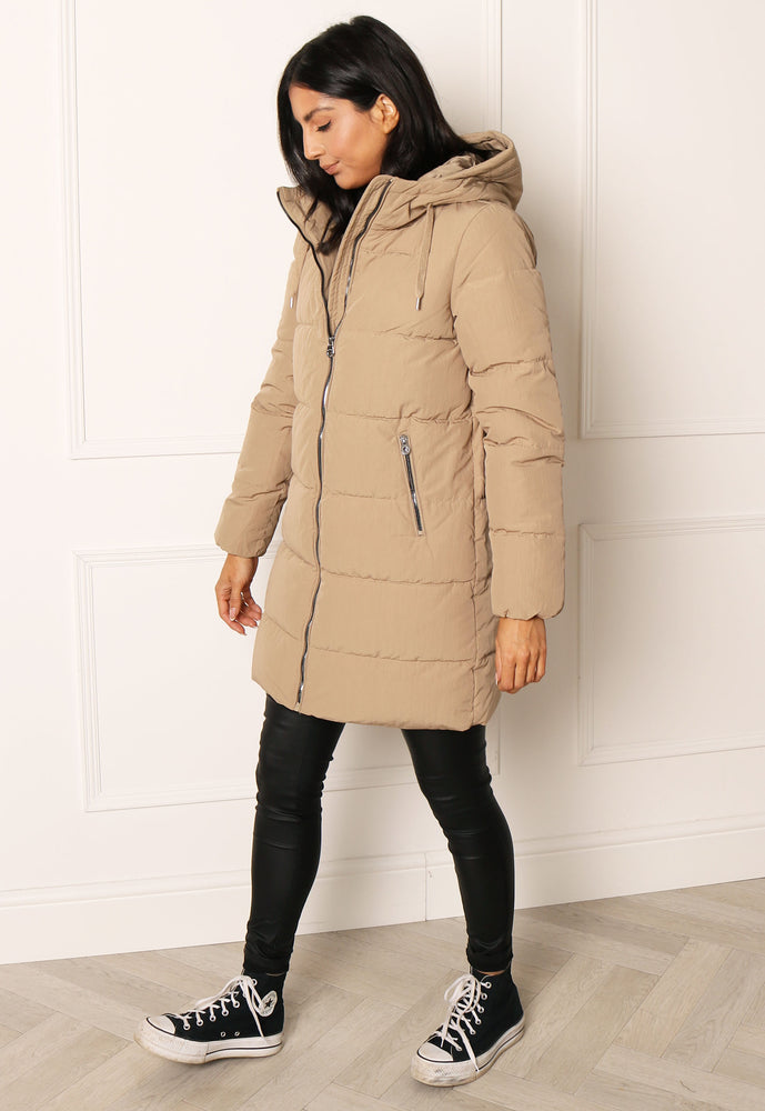 ONLY Dolly Hooded Quilted Padded Midi Puffer Coat in Beige - concretebartops