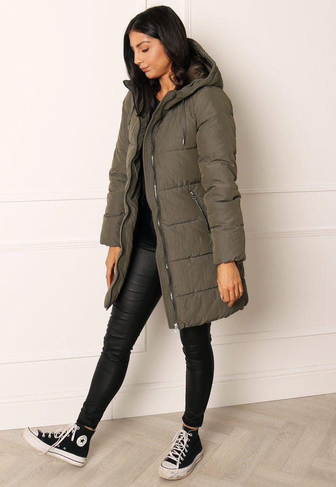ONLY Dolly Hooded Quilted Padded Long Puffer Coat in Khaki Green - concretebartops