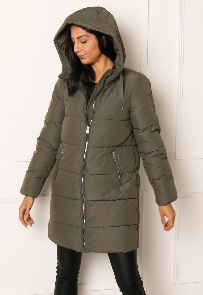 ONLY Dolly Hooded Quilted Padded Long Puffer Coat in Khaki Green - vietnamzoom