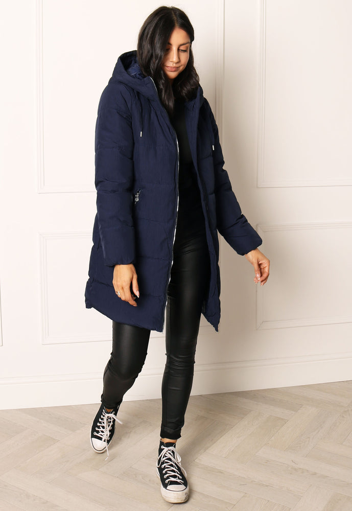 ONLY Dolly Hooded Quilted Padded Midi Puffer Coat in Navy Blue - concretebartops